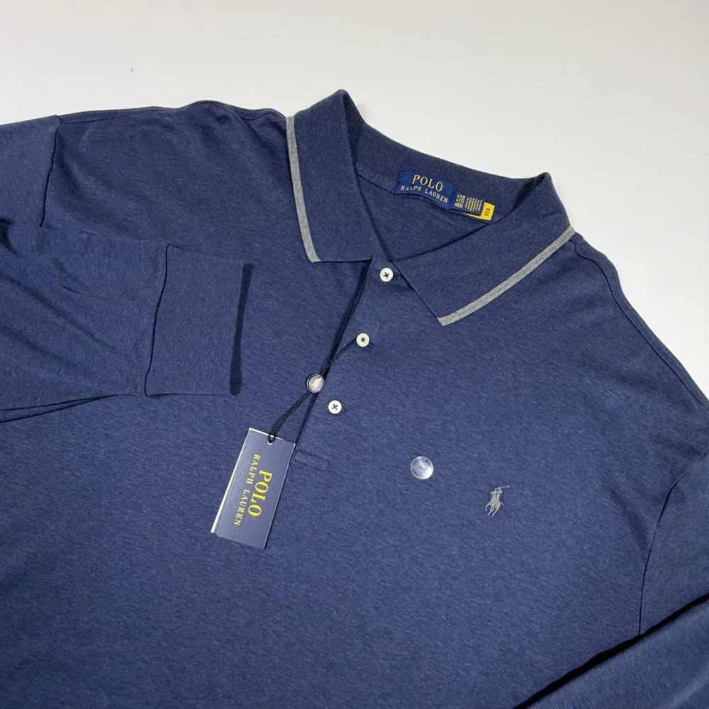 Polo Ralph Lauren Polo Shirt Mens 4XB Navy Long Sleeve Tipped Collar Pony NEW